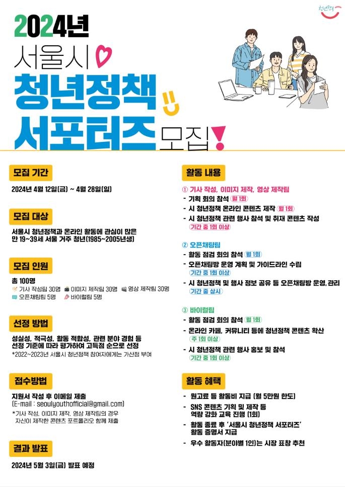서울시 청년청책 온라인 홍보 서포터즈 100명 모집