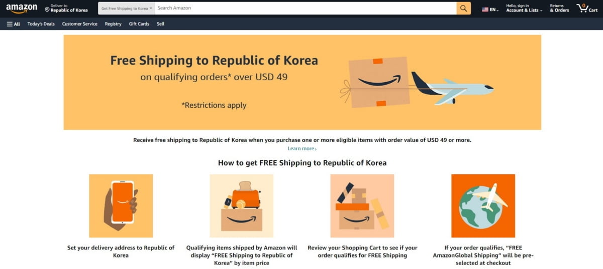 아마존, '49달러 이상 구매' 한국 무료 배송…11번가 "일시 프로모션"