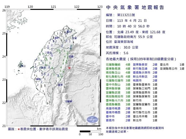 대만 동부 화롄 해역서 또 지진… 규모 5.6