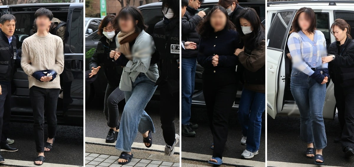 '이토 히로부미 발언'으로 논란을 일으킨 성일종 의원의 사퇴를 요구하며 국민의힘 중앙당사에 난입해 집회 및 시위에 관한 법률 위반 등 혐의를 받는 한국대학생진보연합(대진연) 회원 4명이 지난달 12일 오전 서울 양천구 서울남부지방법원에서 열리는 구속 전 피의자심문(영장실질심사)에 출석하고 있다. /사진=뉴스1