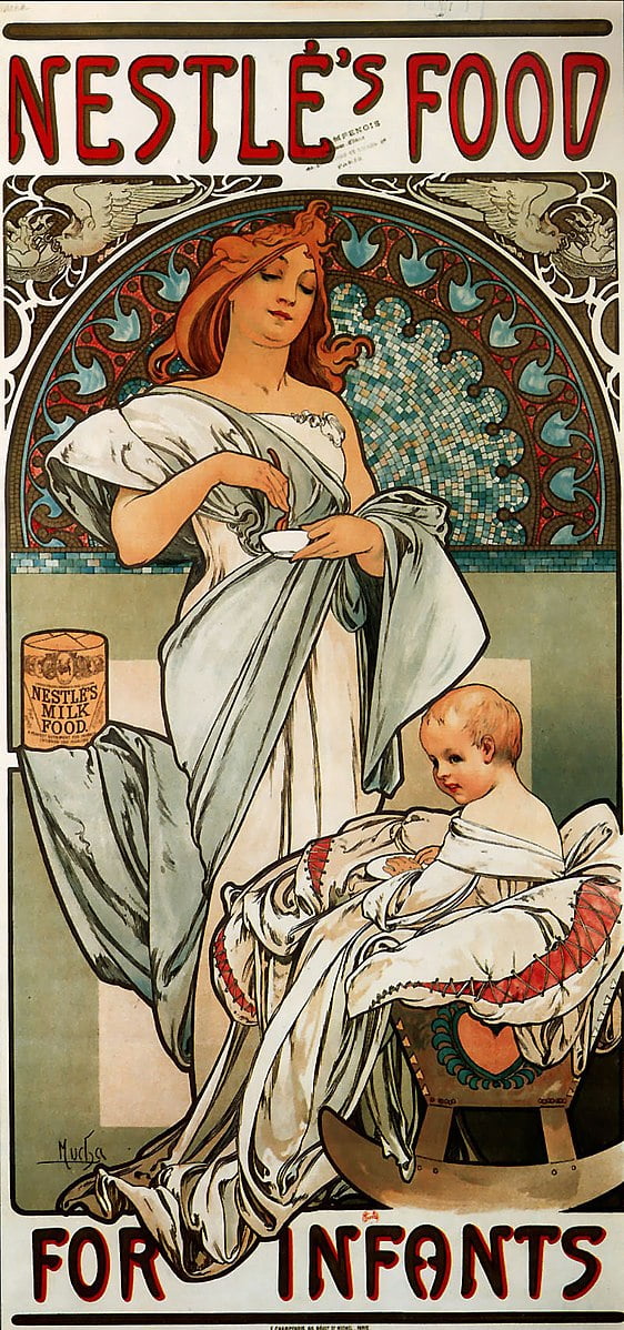 네슬레 이유식 광고(1897). 평범한 상품에도 무하는 고급스러운 이미지를 입혔다. 양식화된 아름다운 여성이 인생의 고귀하고 영원한 즐거움을 전달하고, 자신만의 생각과 환상에 깊이 심취하는 듯한 그림을 통해서다.