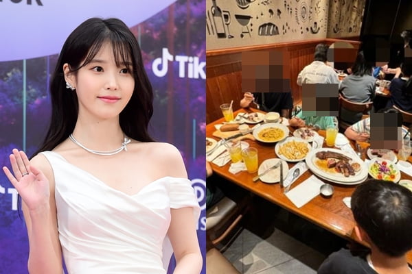 어린이날 아이유(왼쪽)의 선행으로 아웃백스테이크하우스에서 맛있는 저녁 식사를 하고 있는 이든아이빌의 아이들. / 사진=한경DB, 이든아이빌 SNS 캡처