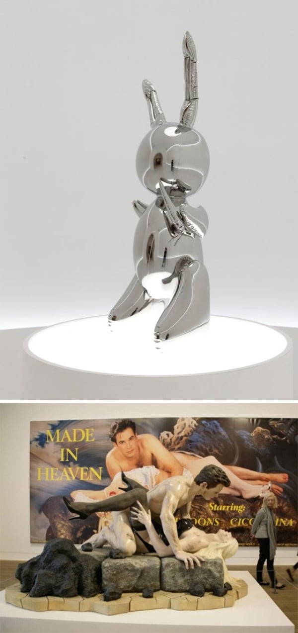 [위] 생존 작가 중 가장 비싼 값을 기록한 쿤스의 <토끼 (Rabbit)>. 2019년 뉴욕 크리스티 경매에서 9,107만달러(약 1181억원)에 팔렸다 / AP연합 [아래] 제프 쿤스 < Made in Heaven > (2009), Tate Modern London / 한경DB