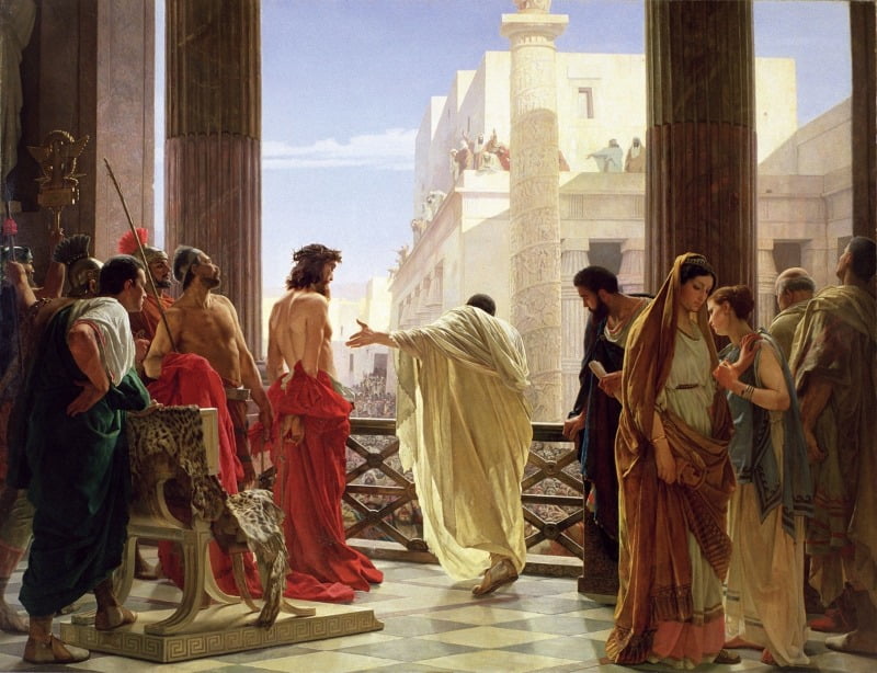 안토니오 시세리 <에케 호모 (이 사람을 보라)>. 폰티우스 필라투스(그림 가운데)가 좌측의 예수를 군중들에게 가리키고 있다 / 위키피디아