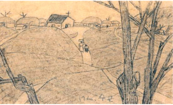 박수근 <교회가 있는 풍경> (1960년), 종이에 연필, 11 * 18cm 