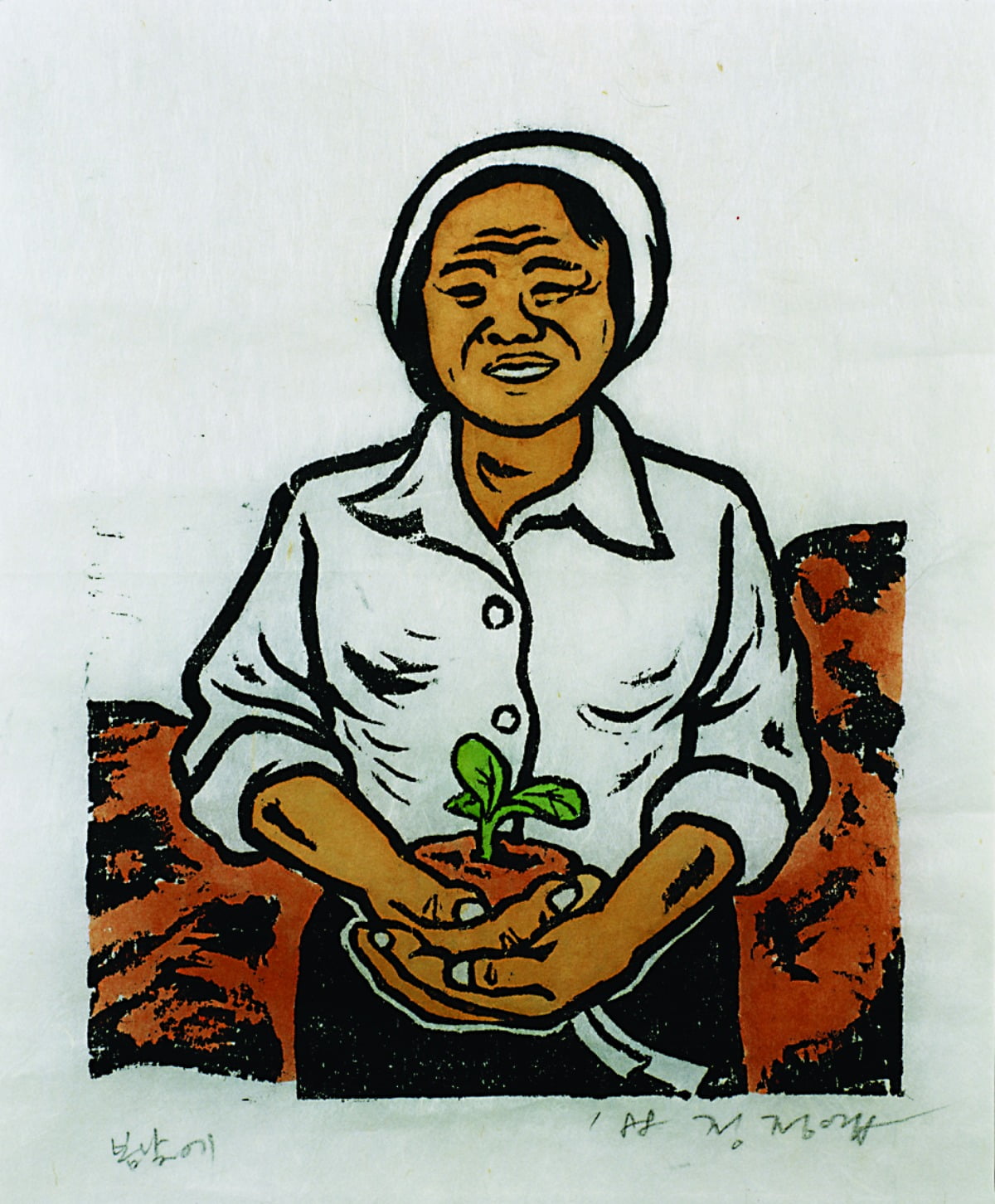 정정엽 <봄날에> (2008), 목판화, 34*27cm