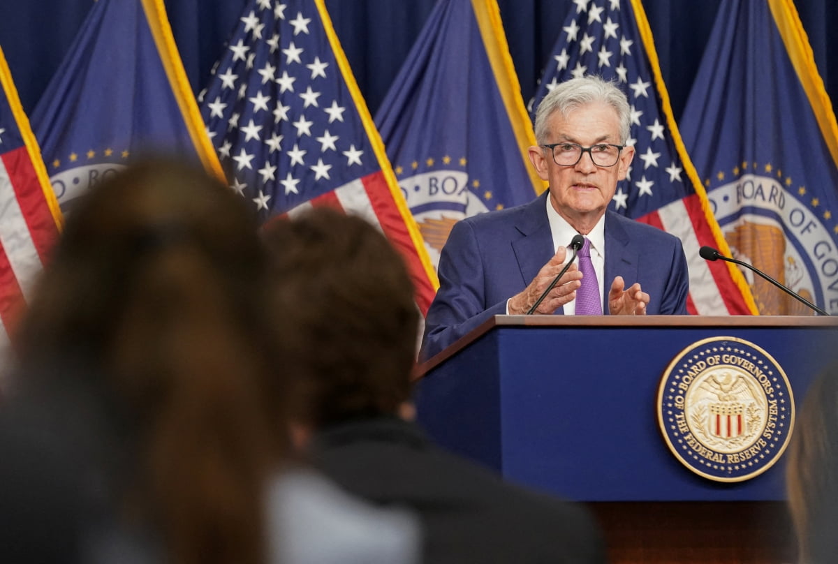 제롬 파월 Fed 의장이 5월 FOMC 후 미국 경제상황에 관해 설명하고 있다./로이터연합뉴스
