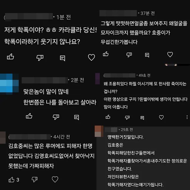 김호중 학폭 폭로 영상에 달린 댓글. / 사진=유튜브 카라큘라 미디어 캡처