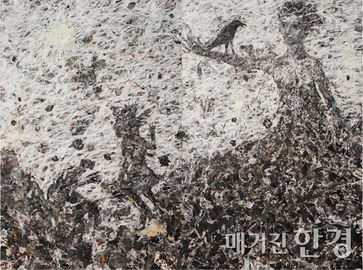 김명진, <그 소년이 온다Ⅰ>, 캔버스에 한지·먹·과슈아크릴릭, 194×260cm, 2022~2023년