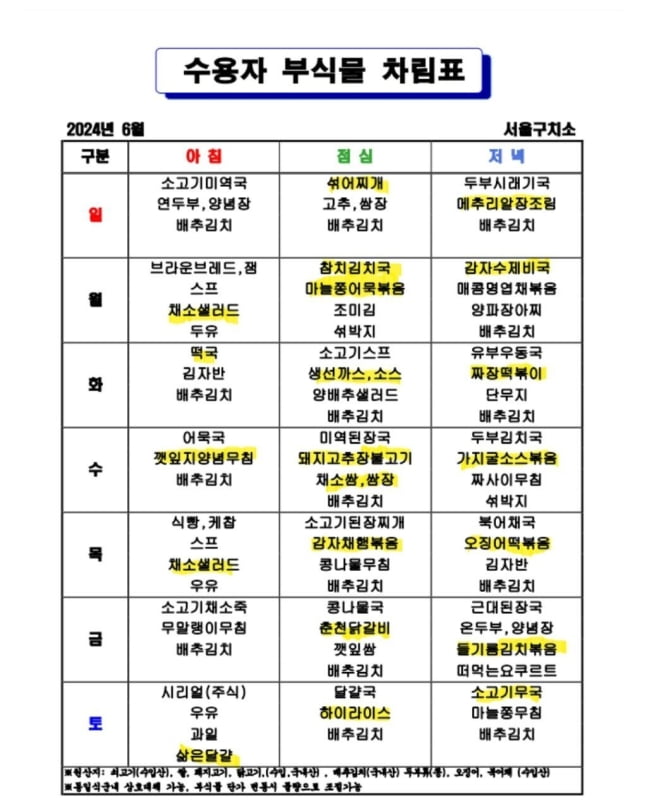 6월 카지노 한국인구치소 수용자 식단표. / 사진=법무부