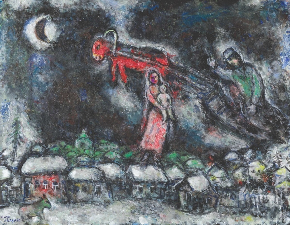 마르크 샤갈, 마을 위의 붉은 당나귀, 1978, 캔버스에 유채, 65 x 81 cm ⓒ Marc Chagall / ADAGP, Paris - SACK, Seoul, 2024