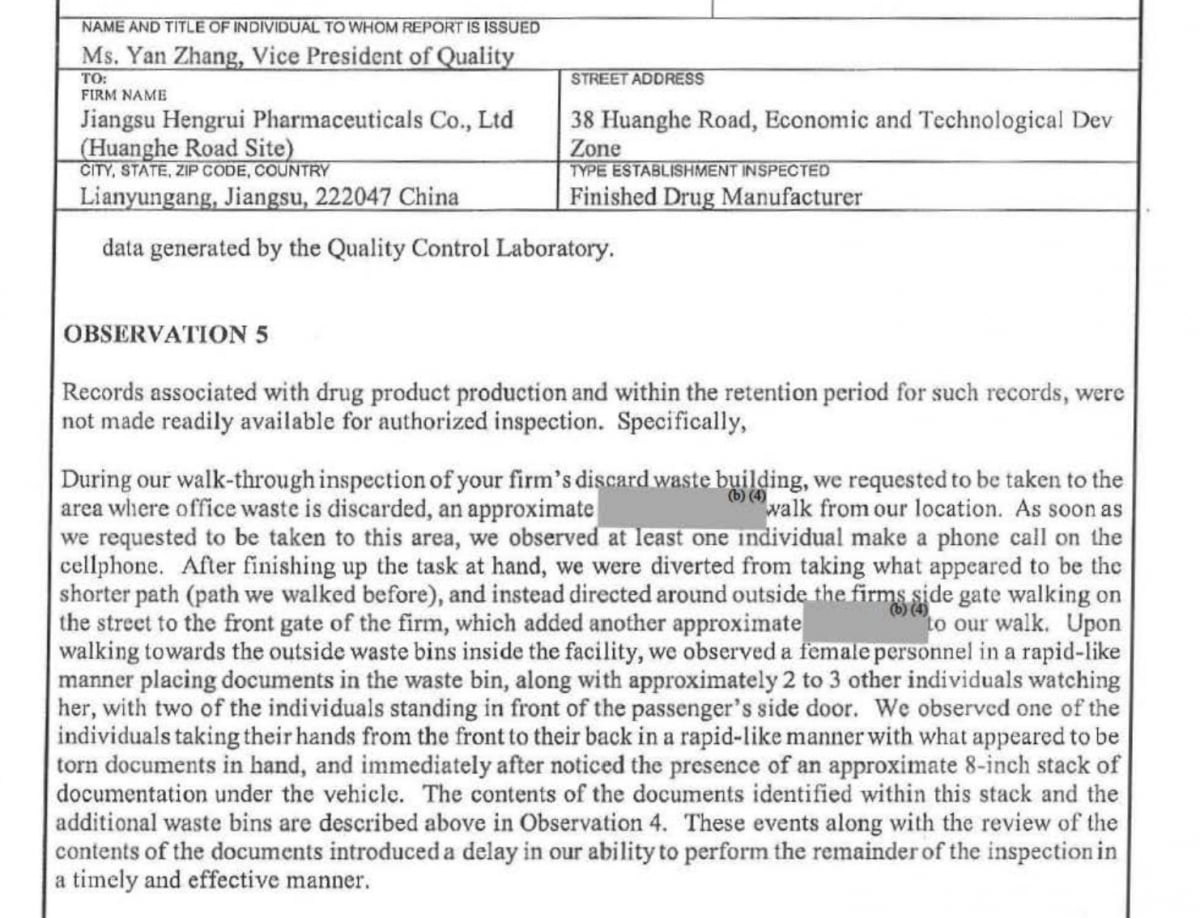 미국 FDA가 중국 항서제약에 보낸 'Form 483' 일부. 항서제약 직원이 어떻게 자료를 폐기했는지 자세히 기록하고 있다. 국내 바이오 기업 HLB는 해당 실사 공장과 회사는 무관하다고 입장을 밝혔다. 이번 항서제약 Form 483을 계기로 중국 바이오 기업에 대한 신뢰도가 무너졌다는 지적이 나온다. 출처=FDA