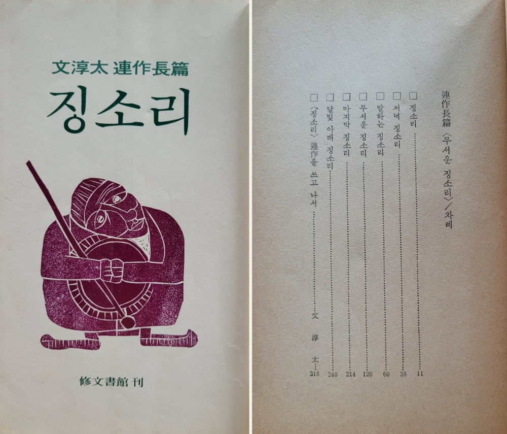 문순태 연작장편 『징소리』 (수문서관) 속표지 (왼쪽)와 차례 (오른쪽) / 사진. ©김기태 