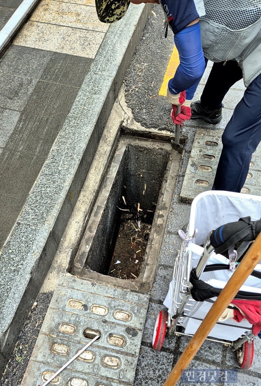 서울 강남역 인근의 한 빗물받이 내부를 청소하는 모습 / 사진=성진우 기자