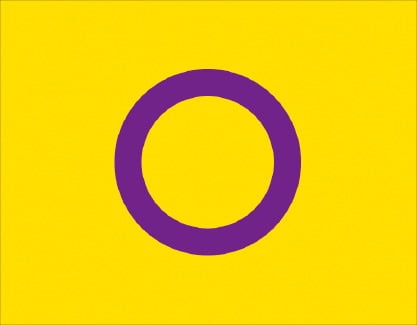 호주에서 간성인들의 인권을 보호하기 위해 만들어진 ‘인터섹스 인터내셔널 오스트레일리아’가 제작한 깃발. 깃발 안의 원은 정체성과 완전성을 상징한다. 자율성과 생식기의 온전함, 사람이 될 권리를 찾겠다는 간성인들의 마음이 담겨 있다고 설명했다. /위키미디어
 