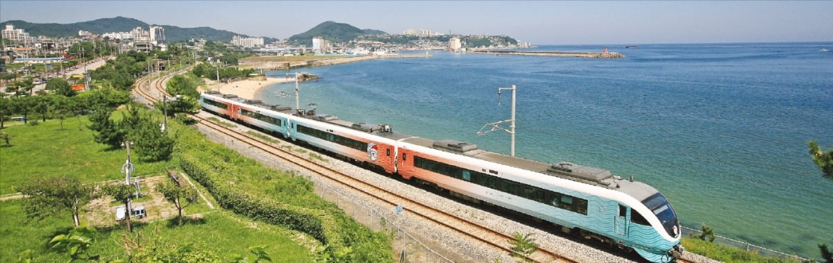 코에볼루션 바카라이 운영하는 동해산타열차가 동해안을 따라 질주하고 있다. 이 열차는 새마을호 속도로 강릉역~분천역 구간을 운행한다. /코에볼루션 바카라 제공 