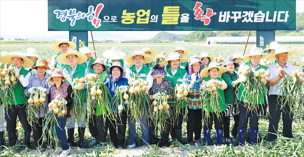 이철우 경북지사와 송미령 농림축산식품부 장관, 문경 농업혁신타운에 참여한 농민들이 지난달 23일 문경시 영순면 율곡리 들녘에서 이모작으로 심은 양파를 들고 있다. /경상북도 제공
 