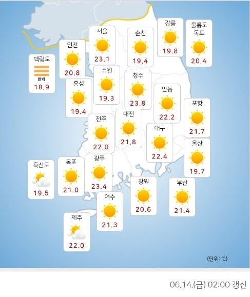 14일 오전 2시 전국 기온. 사진=기상청