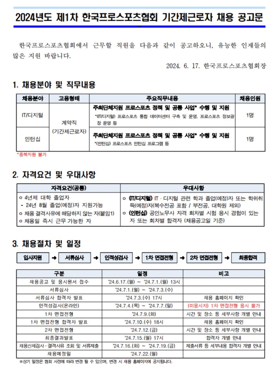 한국프로스포츠협회, 기간제 직원 공개 채용