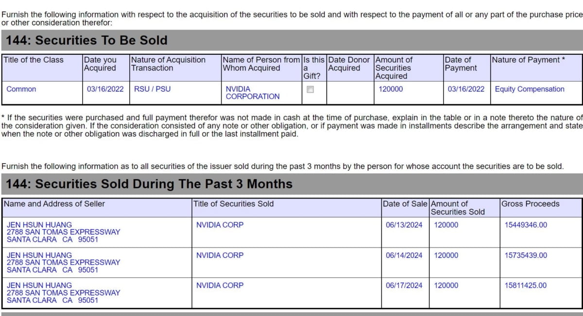 (지난 17일 엔비디아가 SEC에 제출한 공시 일부. 젠슨 황 최고경영자는 주식 보상으로 받은 매매 계획의 일부를 지난 13~14일간 실행했다.