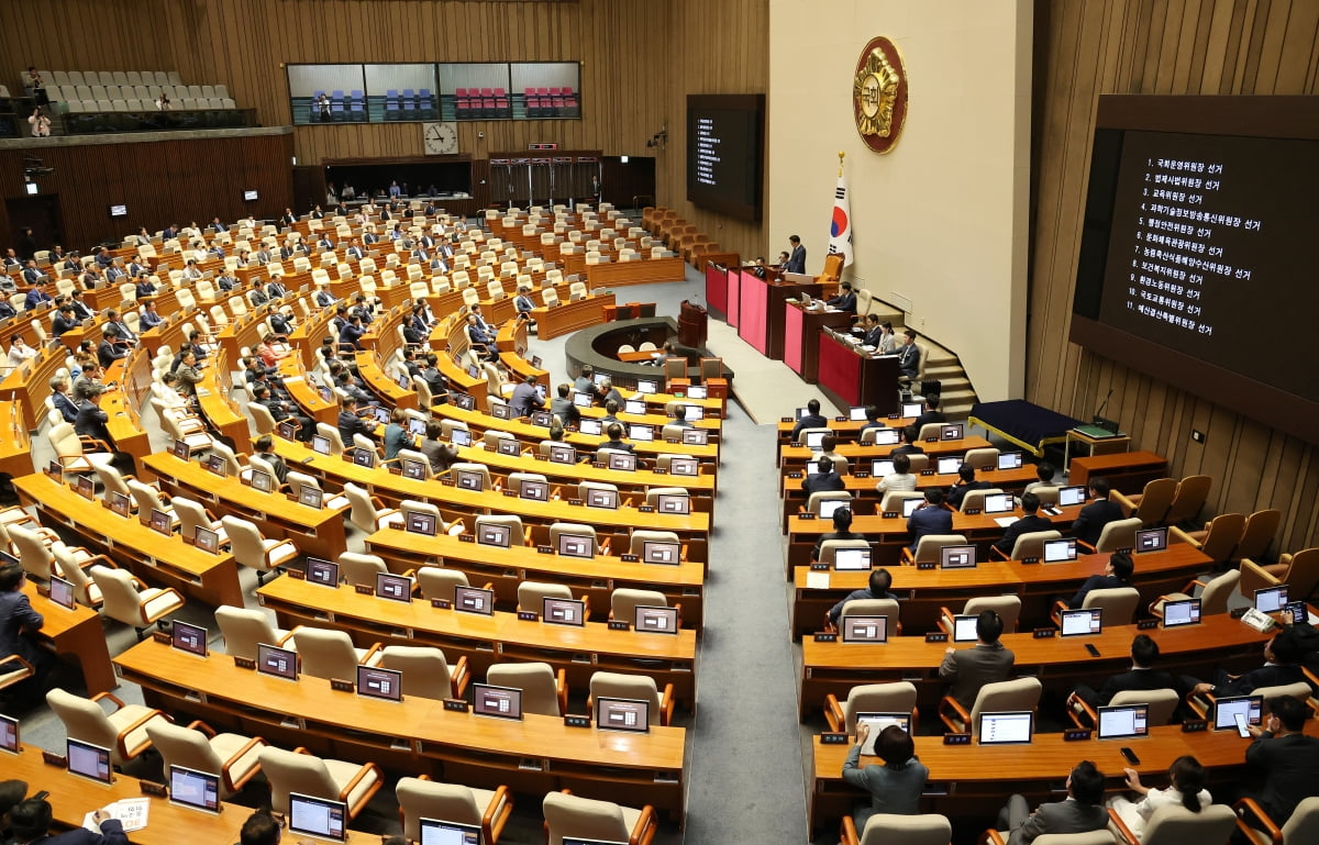 10일 국회 본회의장에 국민의힘 의원들의 자리가 비어있는 가운데 상임위원장 선출 안건이 상정되고 있다. / 사진=연합뉴스