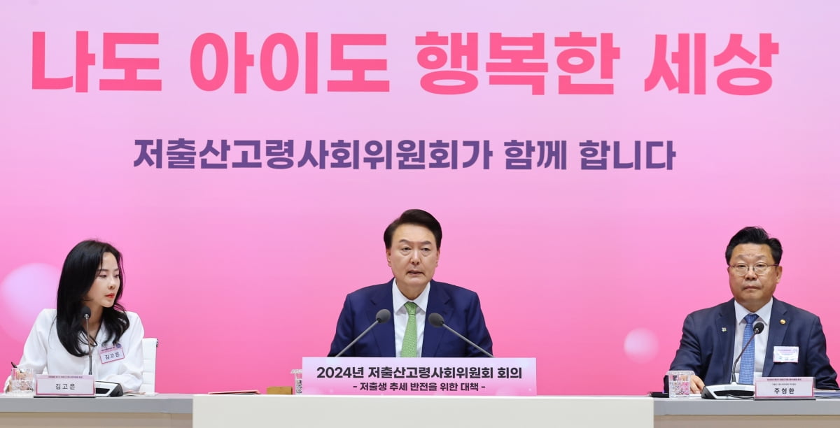 윤석열 대통령이 19일 경기도 성남시 HD현대 아산홀카지노사이트 열린 '2024년 저출산고령사회위원회 회의'에서 발언하고 있다./대통령실사진기자단사진=연합뉴스