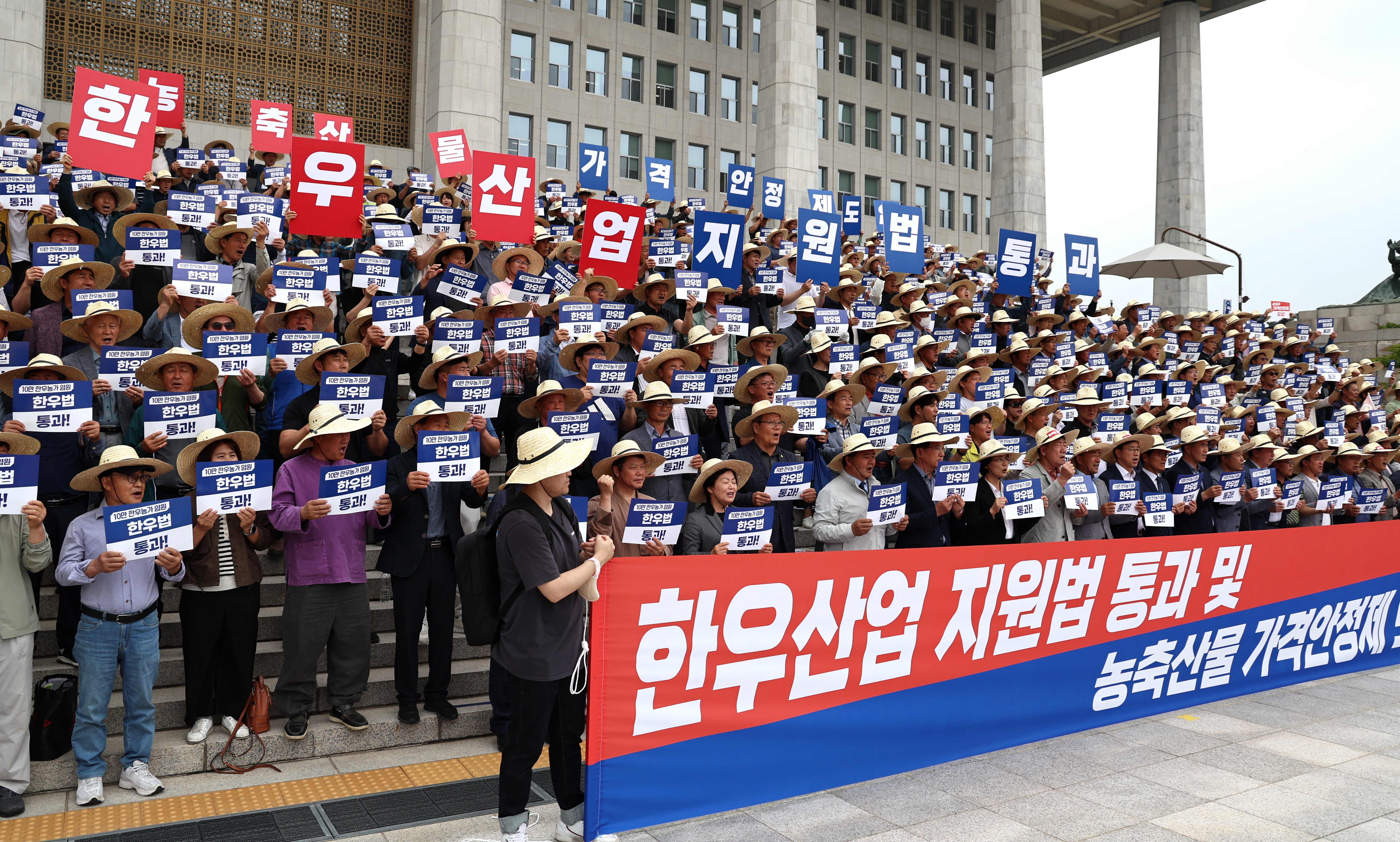 전국한우협회 등 농축산업 단체 회원들이 지난달 24일 오후 서울 여의도 국회 본청 앞에서 열린 한우산업지원법 통과 및 농축산물 가격안정제 도입을 위한 농민결의대회에서 손팻말을 들고 구호를 외치고 있다. /사진=뉴스1