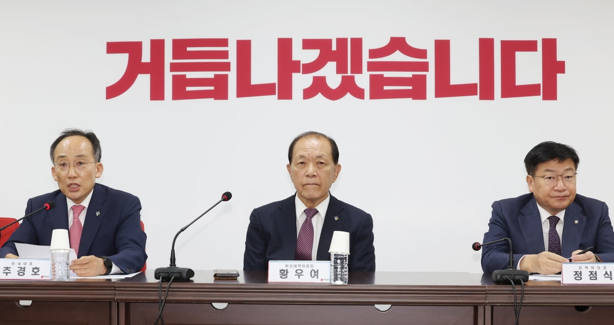 추경호 국민의힘 원내대표가 13일 오전 서울 여의도 국민의힘 중앙당사에서 열린 비상대책위원회의에서 발언하고 있다. 왼쪽부터 추 원내대표, 황우여 비대위원장, 정점식 정책위의장. / 사진=뉴스1