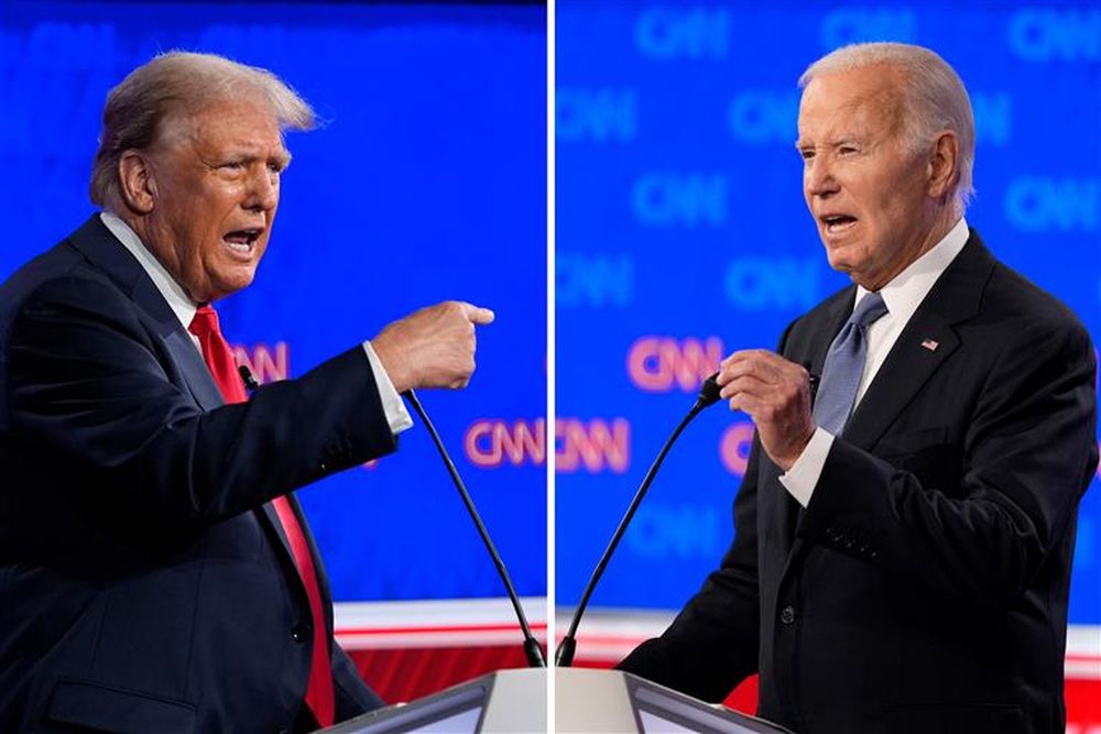 지난달 27일 CNN 애틀랜타 스튜디오에서 1차 대선토론이 열렸다. 공화당 대선 후보인 도널드 트럼프 전 미국 대통령(왼쪽)과 조 바이든 대통령이 설전을 벌이고 있다. (사진=AP)