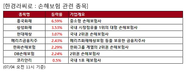 흥국화재,삼성화재,현대해상,메리츠금융지주,한화손해보험,DB손해보험,코리안리