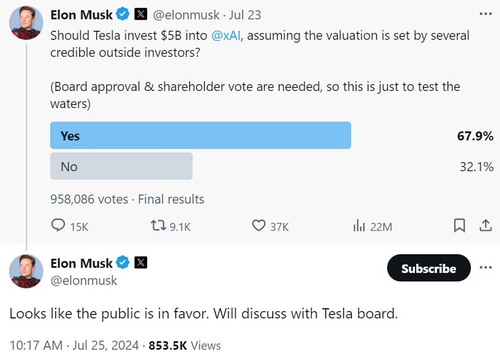 머스크 "테슬라, xAI에 7조원 투자 논의할 것"…주가 2% 상승(종합)
