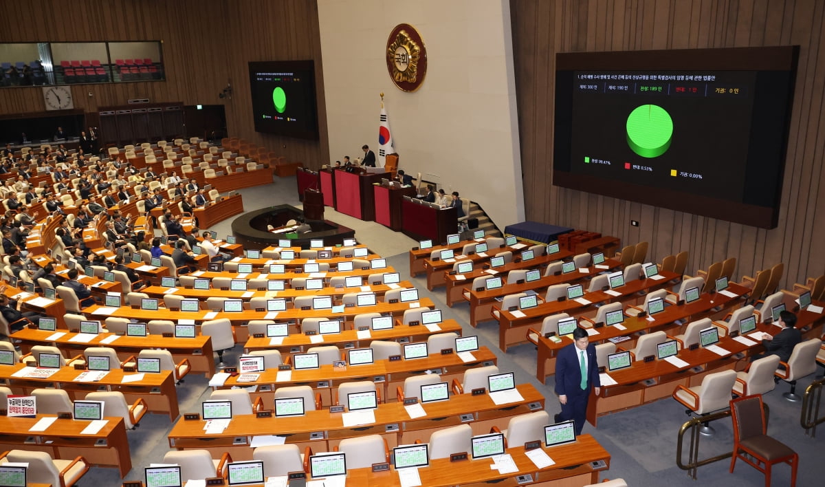 4일 국회 본회의에서 국민의힘 의원들이 불참한 가운데 채상병특검법이 가결되고 있다./사진=연합뉴스