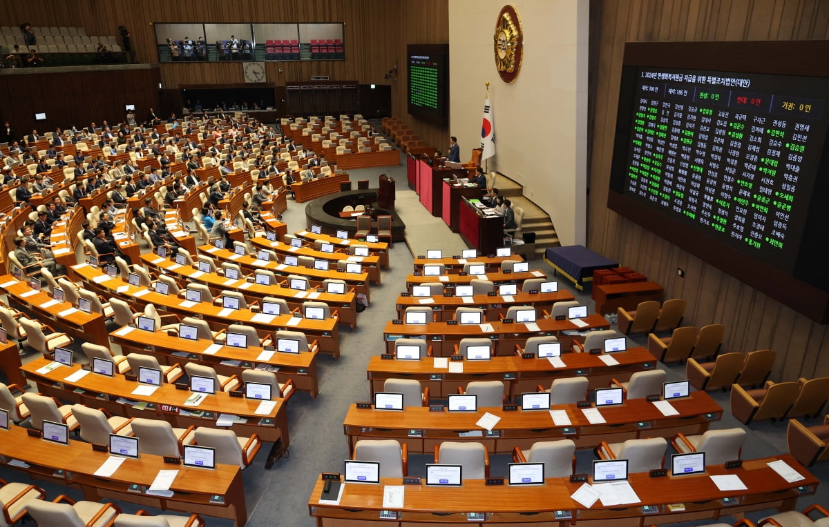 2일 국회 본회의에서 '25만원법'을 야당 단독으로 통과시키고 있다.  / 사진=한경DB