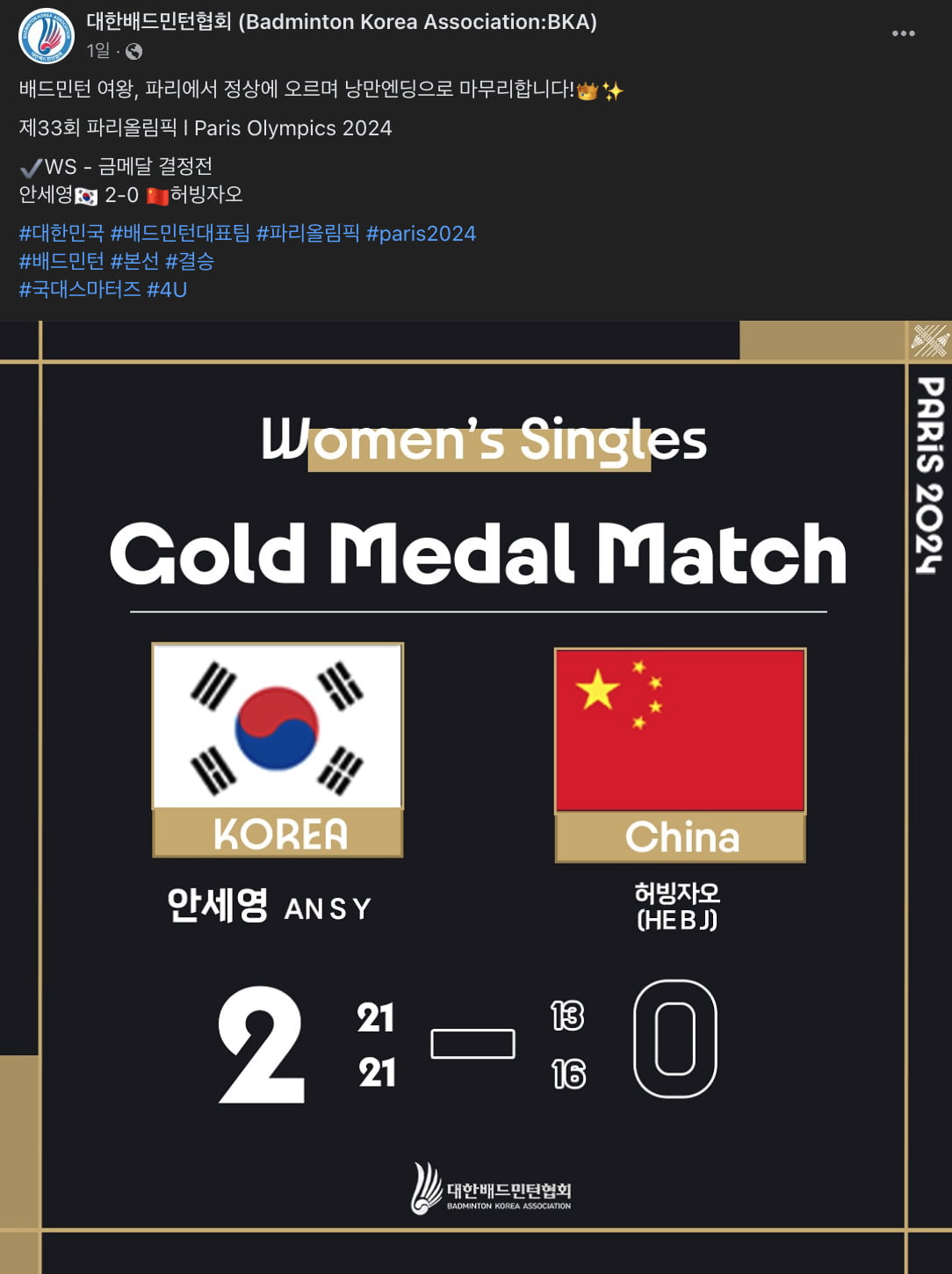 Na página oficial da Federação de Badminton no Facebook, foi postado apenas um gráfico mostrando a vitória de Ahn Se-yong sobre a China na partida final.  Isso contrasta com fotos publicadas anteriormente de Kim Won Ho (25, Samsung Life Insurance) e Jeong Na Eun (24, Escritório Provincial de Hwasun) ganhando medalhas de prata nas duplas mistas.  /Imagem = Associação de Badminton Facebook