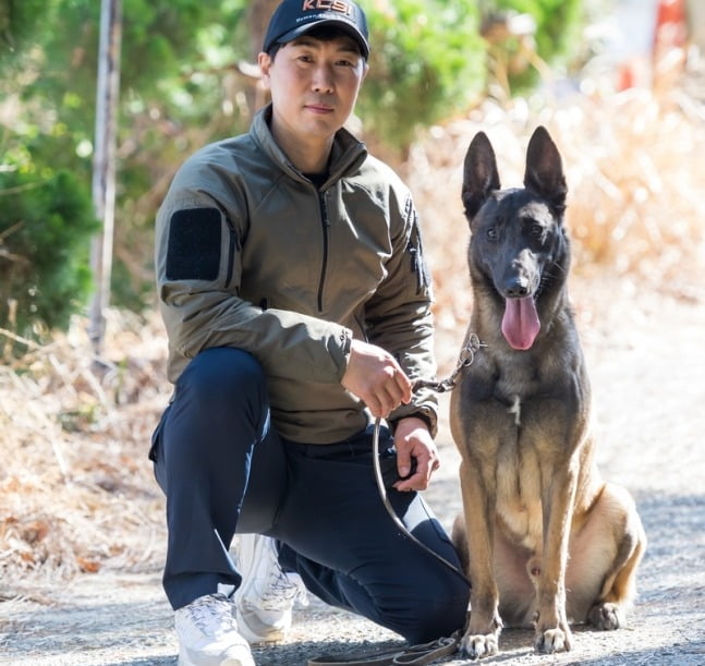 공로패 받은 '야크'(말리노이즈·5세)와 핸들러 경찰. 사진=부산경찰청 제공, 연합뉴스