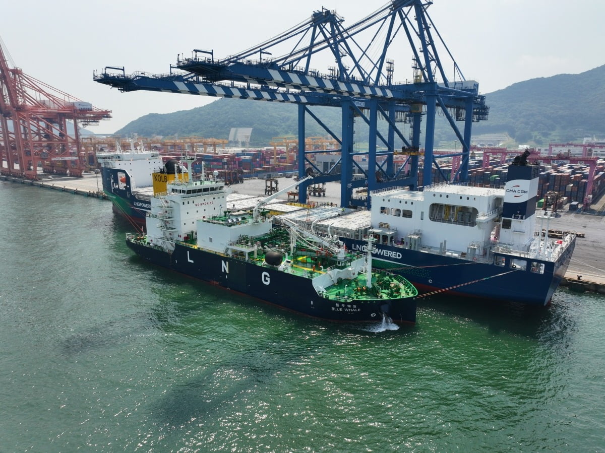 8일 부산항 신항 5부두에서 진행된 LNG 벙커링 및 화물 하역 동시 작업 실증 사업. 부산항만공사 제공 