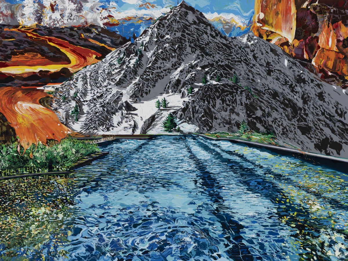 강유진, 'pool with mountain', 2024, enamel and acrylic on canvas, 914x1219 cm /선화랑 제공 