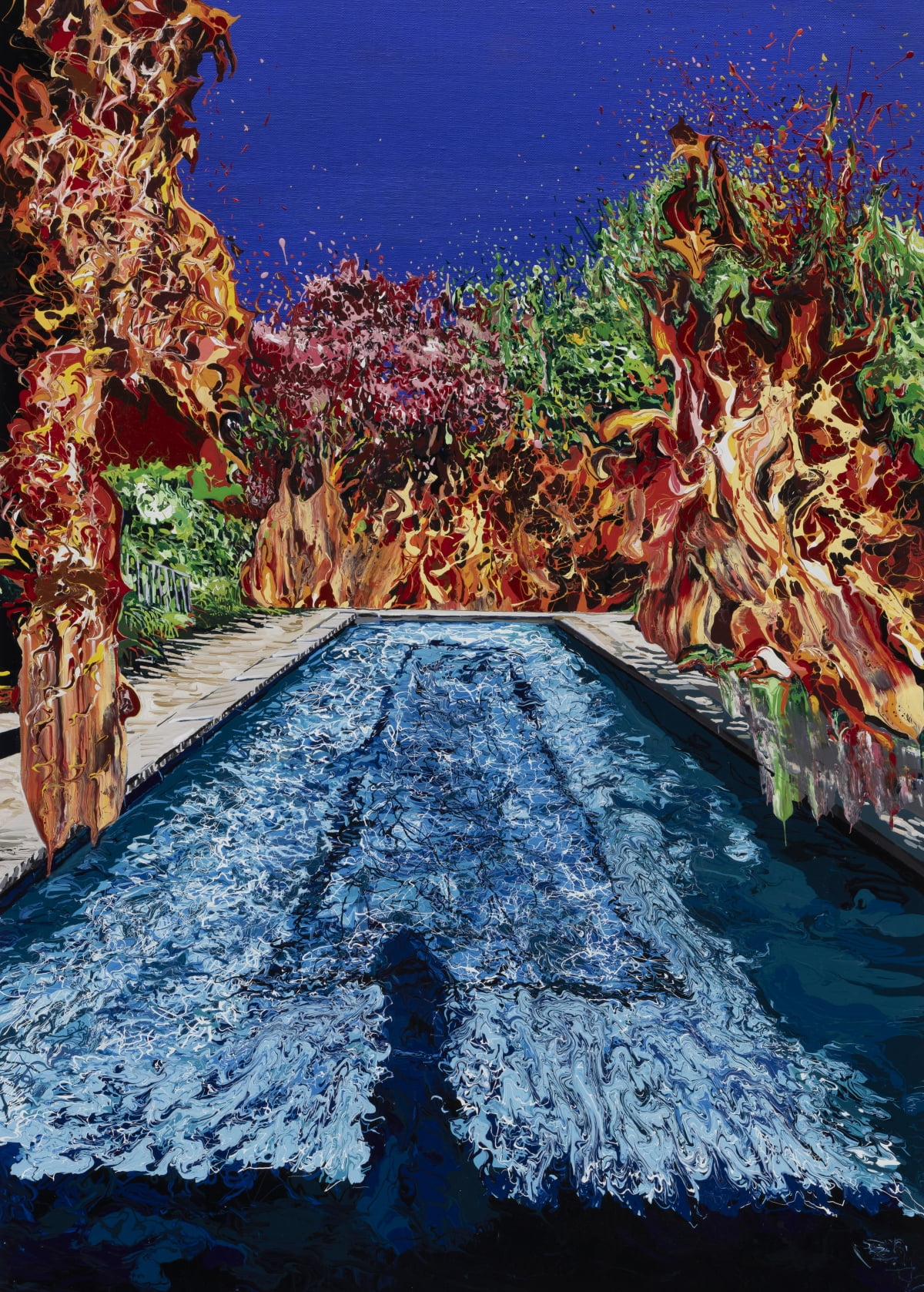 카지노 입플, 'pool in the garden with fire', 2024, enamel and acrylic on canvas, 914x1219 cm /선화랑 제공 