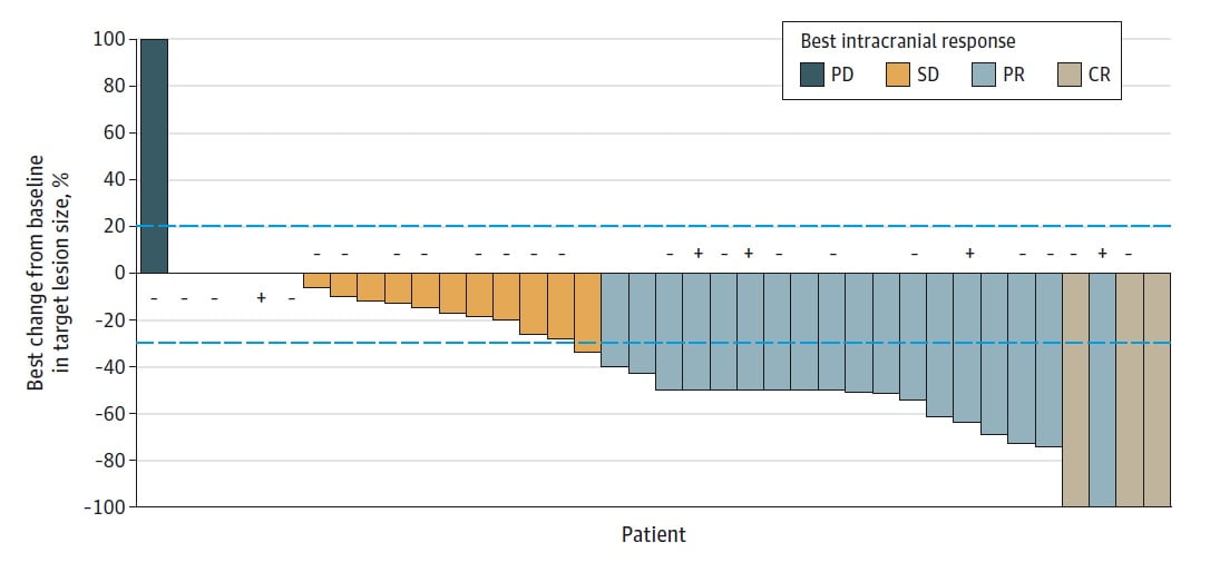 세로축 뇌 내 암 축소율, 가로축 환자가 보인 암 축소 정도. 영상검사에서 뇌 내 암이 완전히 사라진(-100% 기록) CR(Complete Response, 완전 반응) 환자도 보고됐다.