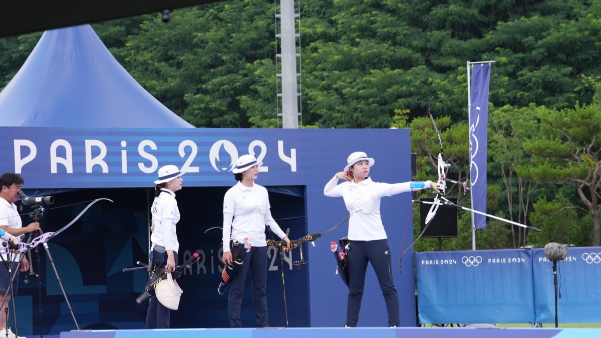 파리 앵발리드 경기장을 재현한 진천선수촌 경기장에서 실전같은 훈련을 하고 있는 양궁 여자 국가대표 선수들 사진=대한양궁협회