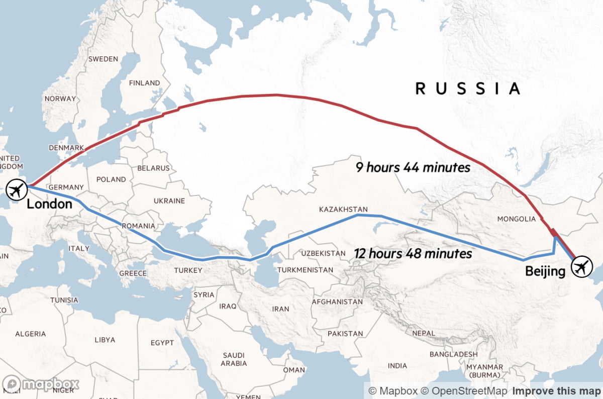 영국 런던과 중국 베이징을 오가는 항공편 경로 (자료=파이낸셜타임스) 