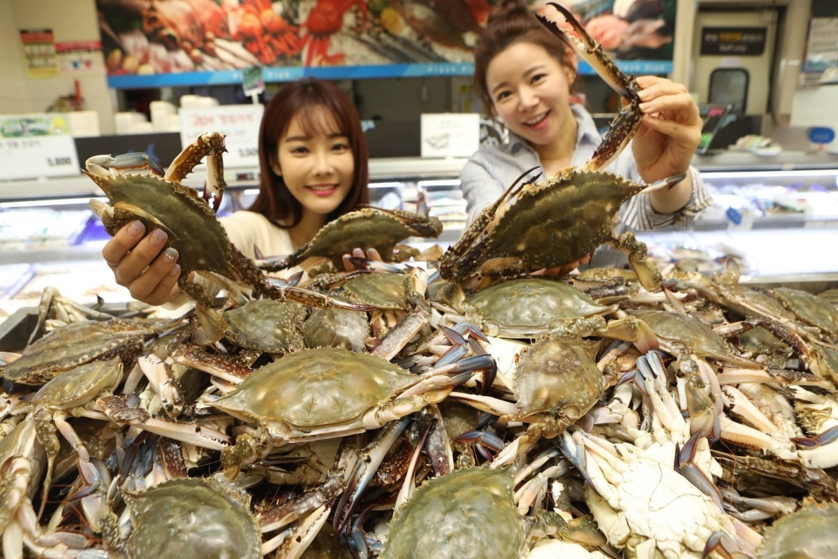 제타플렉스 서울역점에서 모델들이 햇꽃게를 들고 홍보하고 있는 모습. 사진=롯데마트 제공