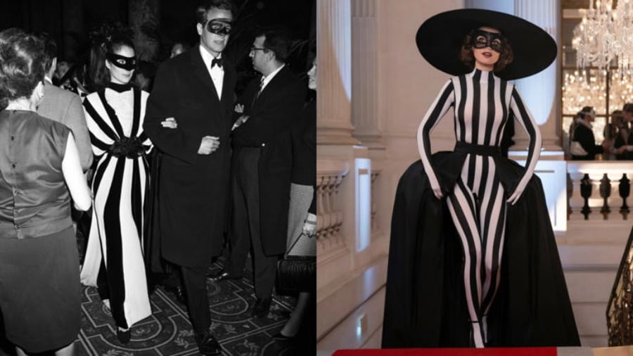 [왼쪽] Truman Capote's Black and White Ball in a Harris Reed for Nina Ricci creation [오른쪽] 드라마 <에밀리, 파리에 가다 (Emily in Paris)> 시즌4 속 릴리 콜린스(에밀리 쿠퍼 역) 