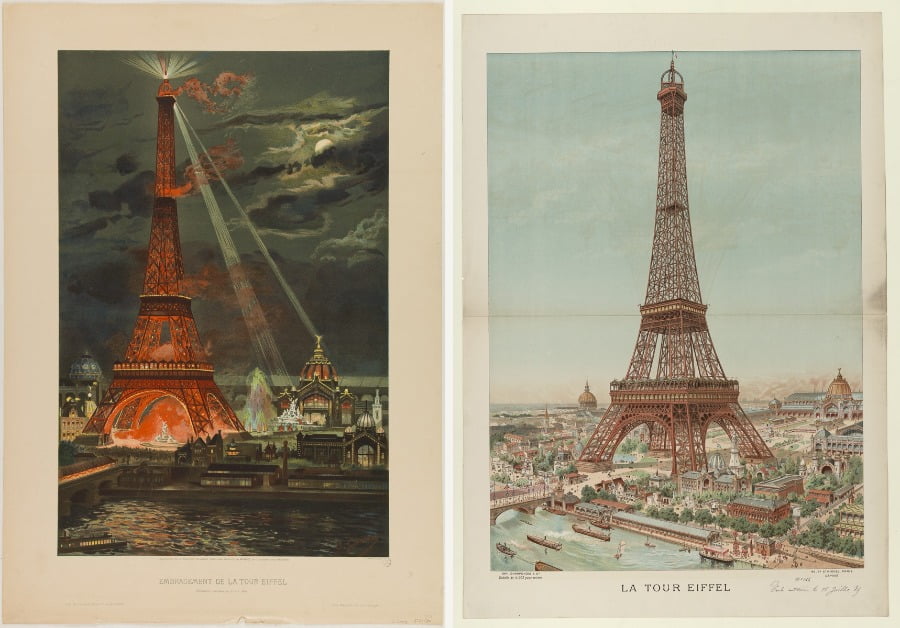 [에펠탑의 7가지 색상] (왼쪽) 1887-88년 : 베니스 레드(Red Venice) 'The Eiffel Tower is on fire' | 이미지. CC0 Paris Musées / Musée Carnavalet (오른쪽) 1889-91년 : 적갈색(Red Brown) 'Illustration of the Eiffel Tower in 1889' | 이미지. © Carnavalet museum / City of Paris