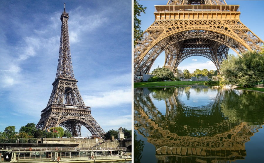 [에펠탑의 7가지 색상] (왼쪽) 1968 -2019년 : 에펠탑 갈색(Eiffel tower Brown) 'Eiffel tower, 2017' | 출처. La tour Eiffel 인스타그램 (@toureiffelofficielle) (오른쪽) 현재 : 노란 갈색(Yellow Brown) 'Eiffel tower, 2024' | 이미지. © SETE / Jérôme Schlichter, 출처. La tour Eiffel 인스타그램 (@toureiffelofficielle) 