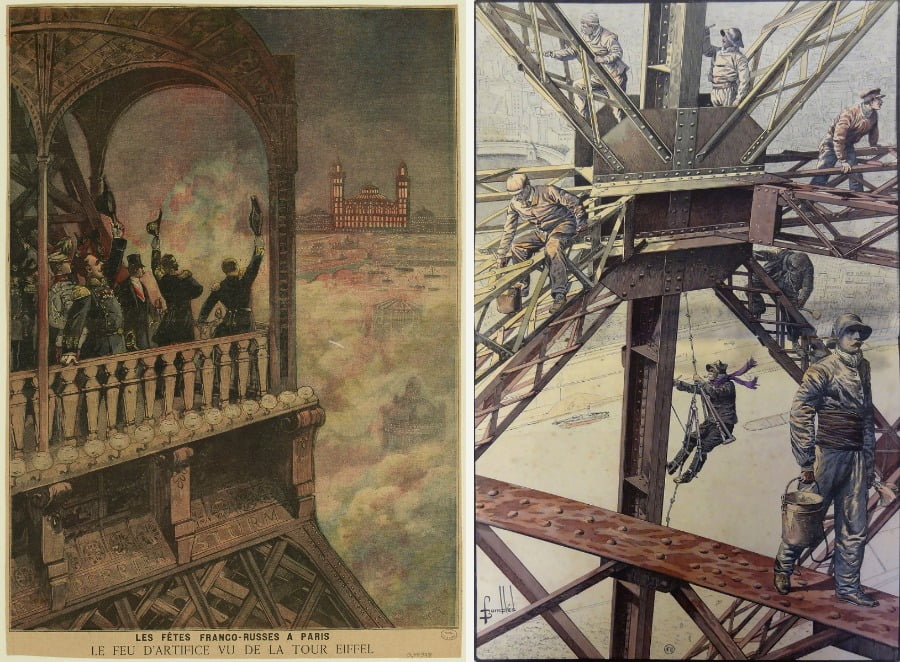 [에펠탑의 7가지 색상] (왼쪽) 1892-99년 : 황톳빛 갈색(Brown Ocher) 'Franco-Russian festivals in Paris / The fireworks seen from the Eiffel Tower in 1896' | 이미지. © Carnavalet museum / City of Paris (오른쪽) 1900-06년 : 노란 오렌지(Orange Yellow)에서 밝은 노란색(Light Yellow)까지 다섯 톤의 그라데이션 'Journal of the Universal Exhibition of 1900, repainting campaign for the Exhibition, in degraded shades' | 출처. Académie des Beaux-Arts 홈페이지