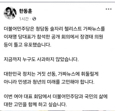 한동훈 "野, 청담동 술자리 가짜뉴스 지금까지 누구도 사과 안 해"