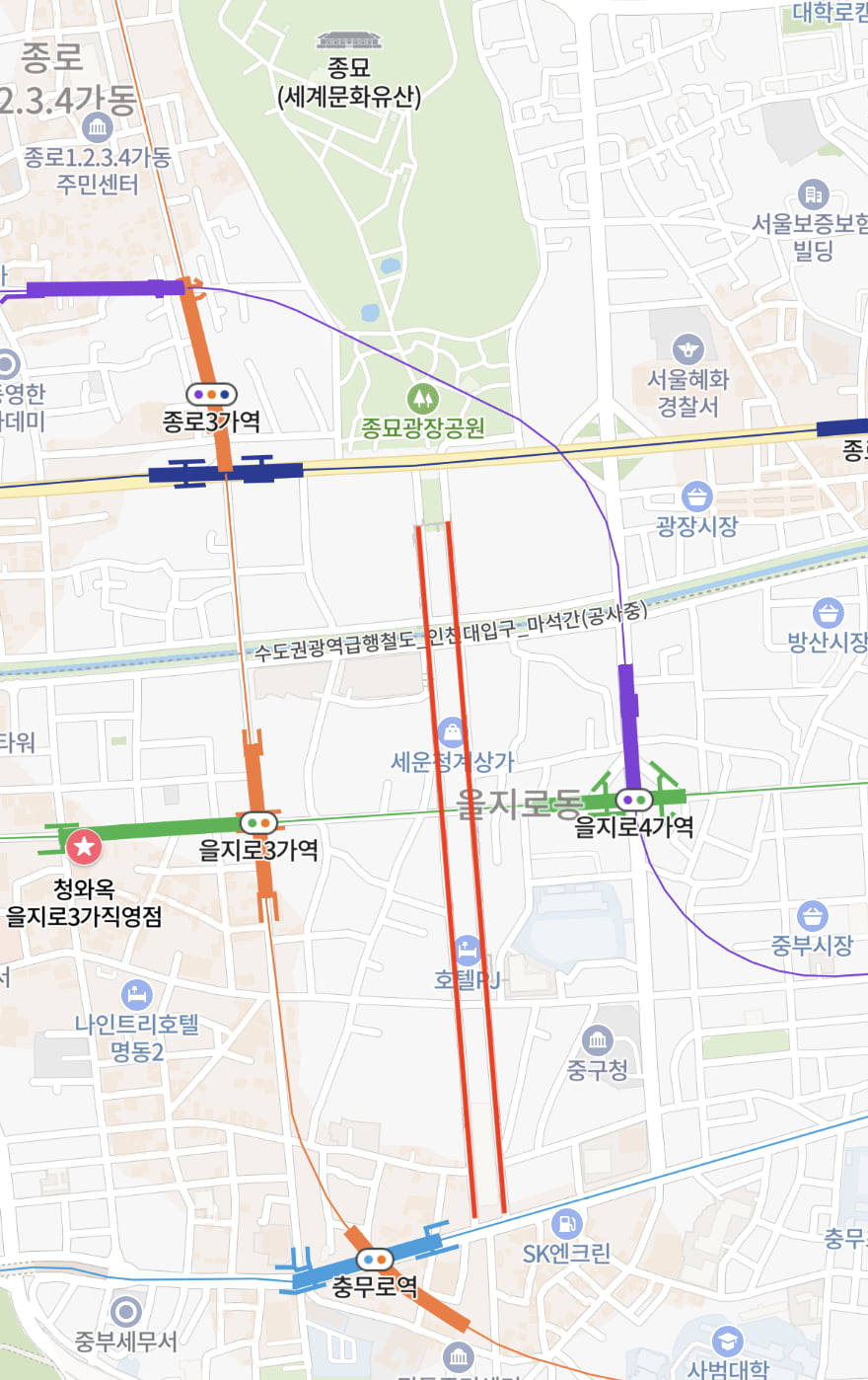 빨간색이 세운상가군 공중보행로. /출처=네이버 지도