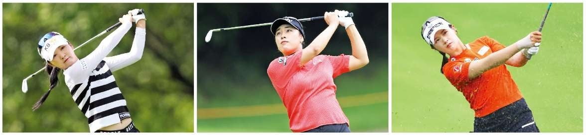 2024시즌 한국여자프로골프(KLPGA)투어 상금랭킹 ‘톱3’를 달리는 이예원(왼쪽부터), 윤이나, 박현경이 22일 강원 춘천의 제이드팰리스GC에서 열린 한화클래식 1라운드에서 아이언샷을 하고 있다.   /KLPGA 제공 