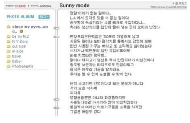 배우 김규리가 2008년 싸이월드 미니홈피에 올린 글.